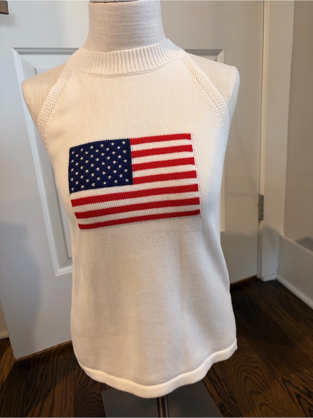 NWT White Sleeveless Knit Top with American Flag Embroidery